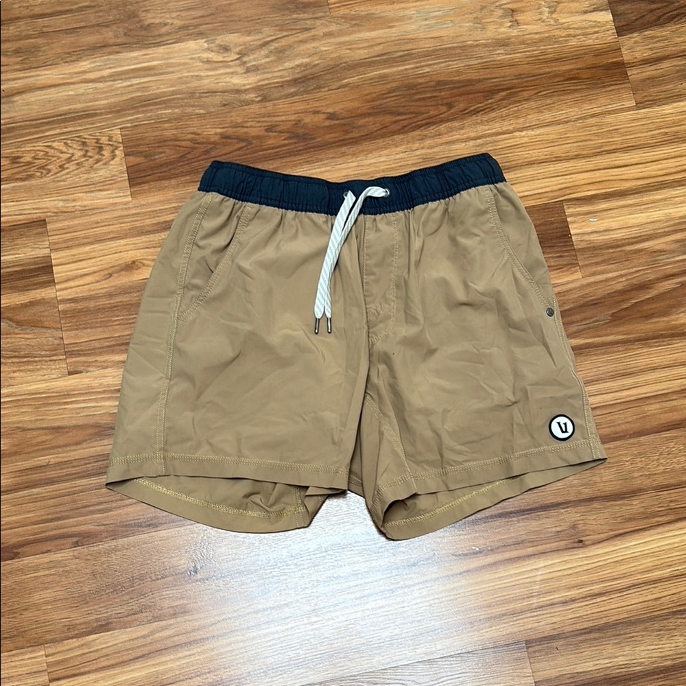 Vuori Tan Athletic Shorts with Black Waistband